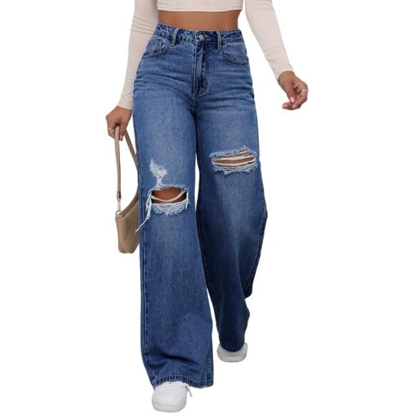 Denim - Women's High Waist Ripped Wide Leg Jeans Distressed Denim Pants
